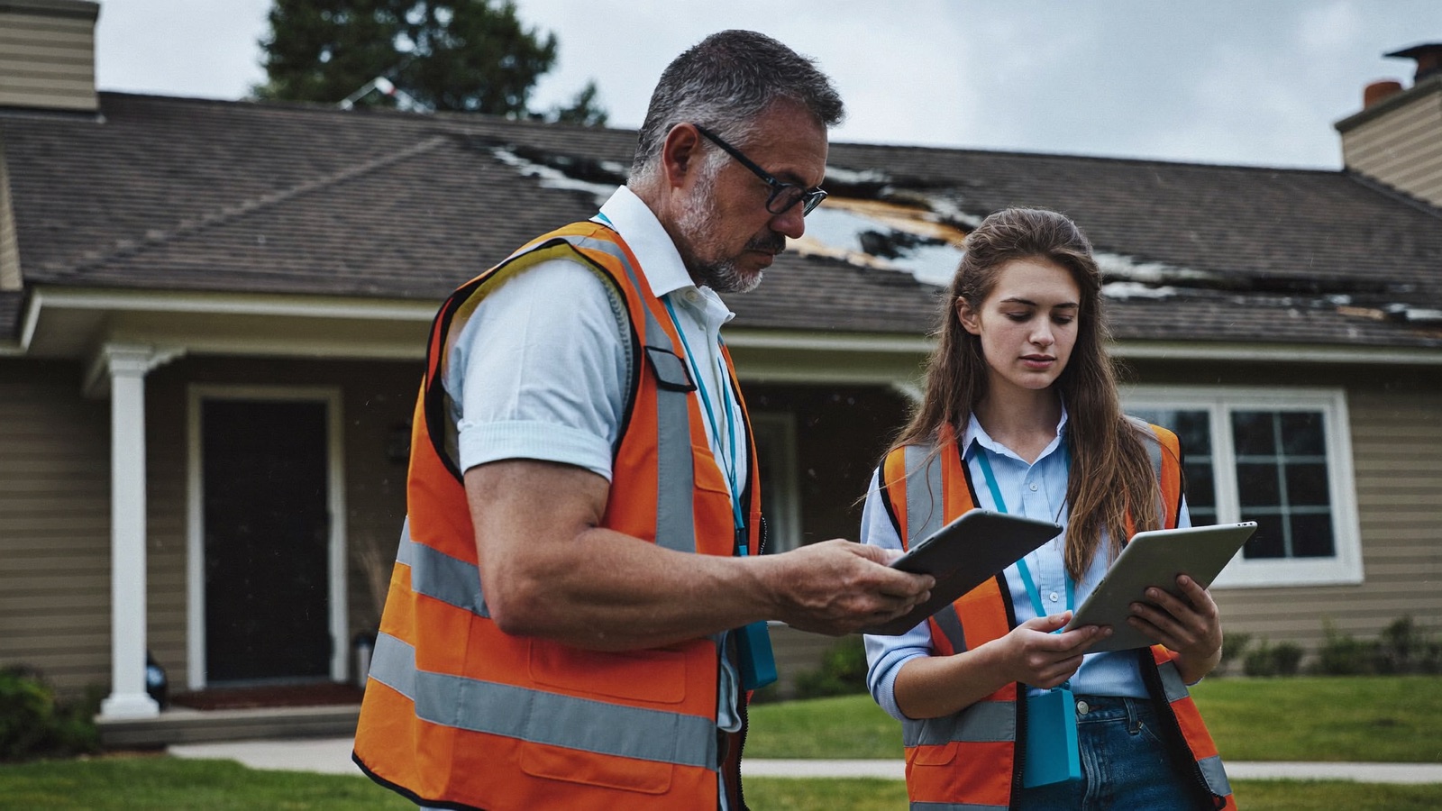 Insurance adjusters inspecting storm damage